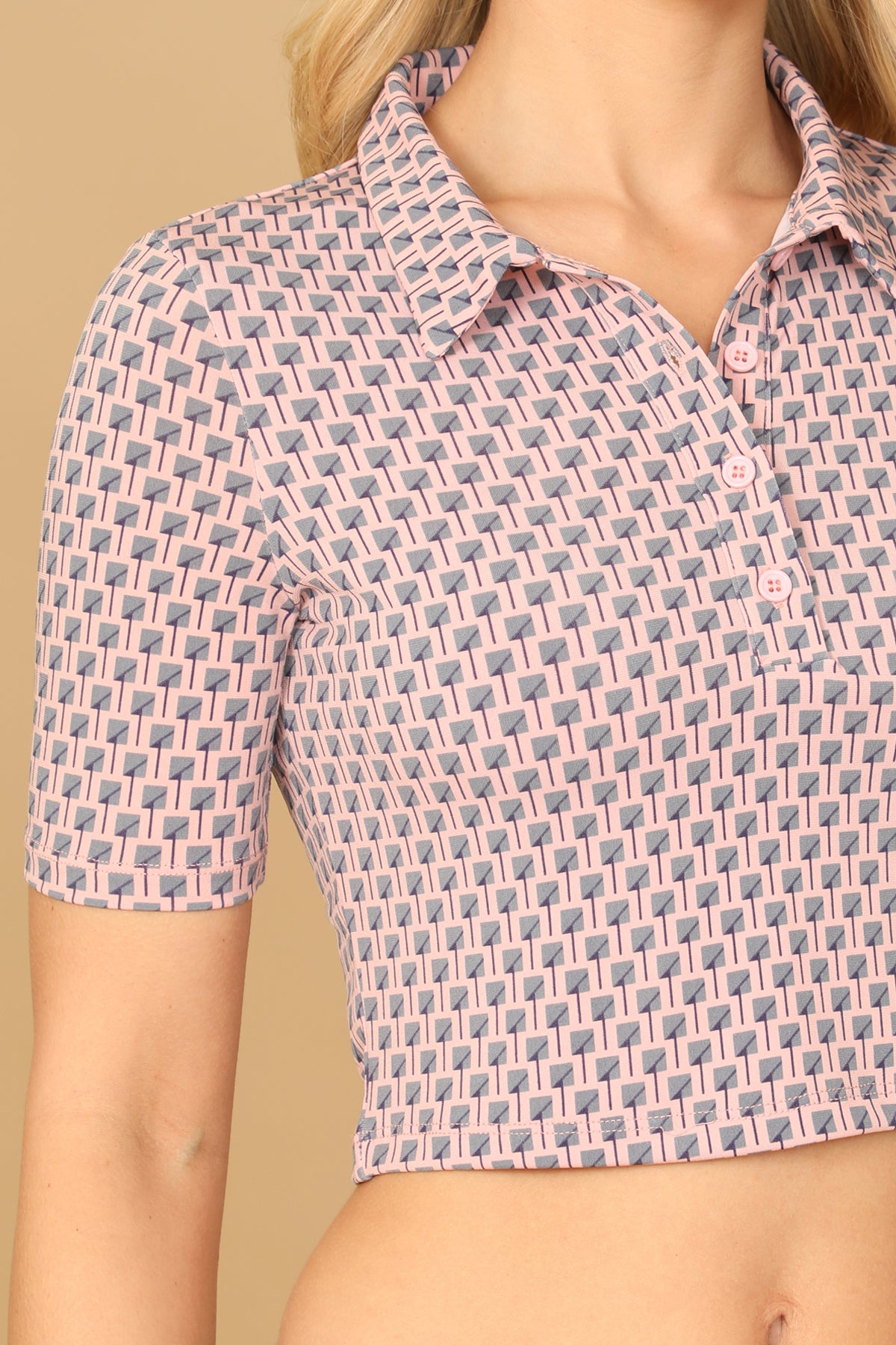 Short Sleeve Collared Button Detail Printed Crop Top