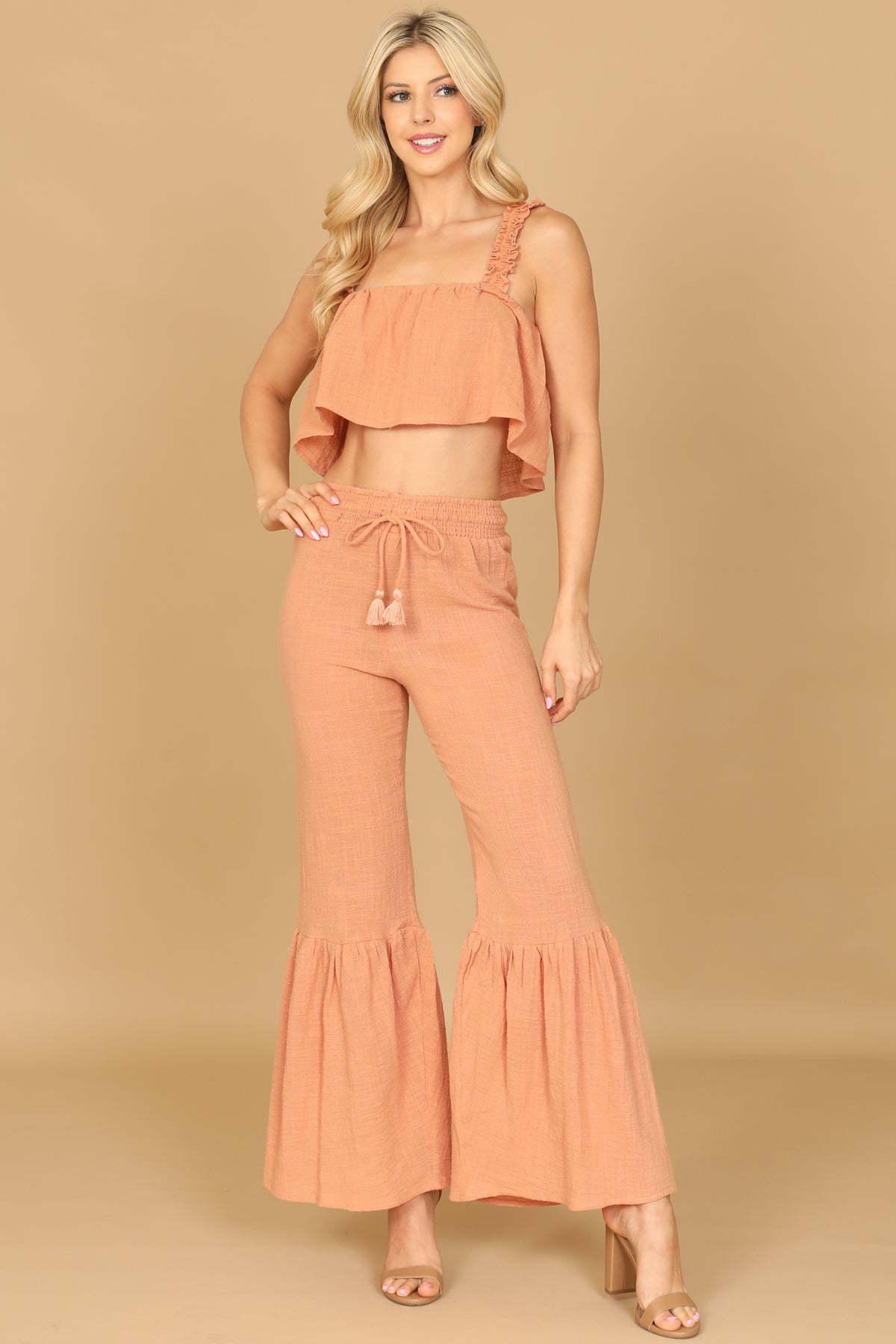 Ruffle Strap Crop Top & Tassel Tie Flare Pants Set