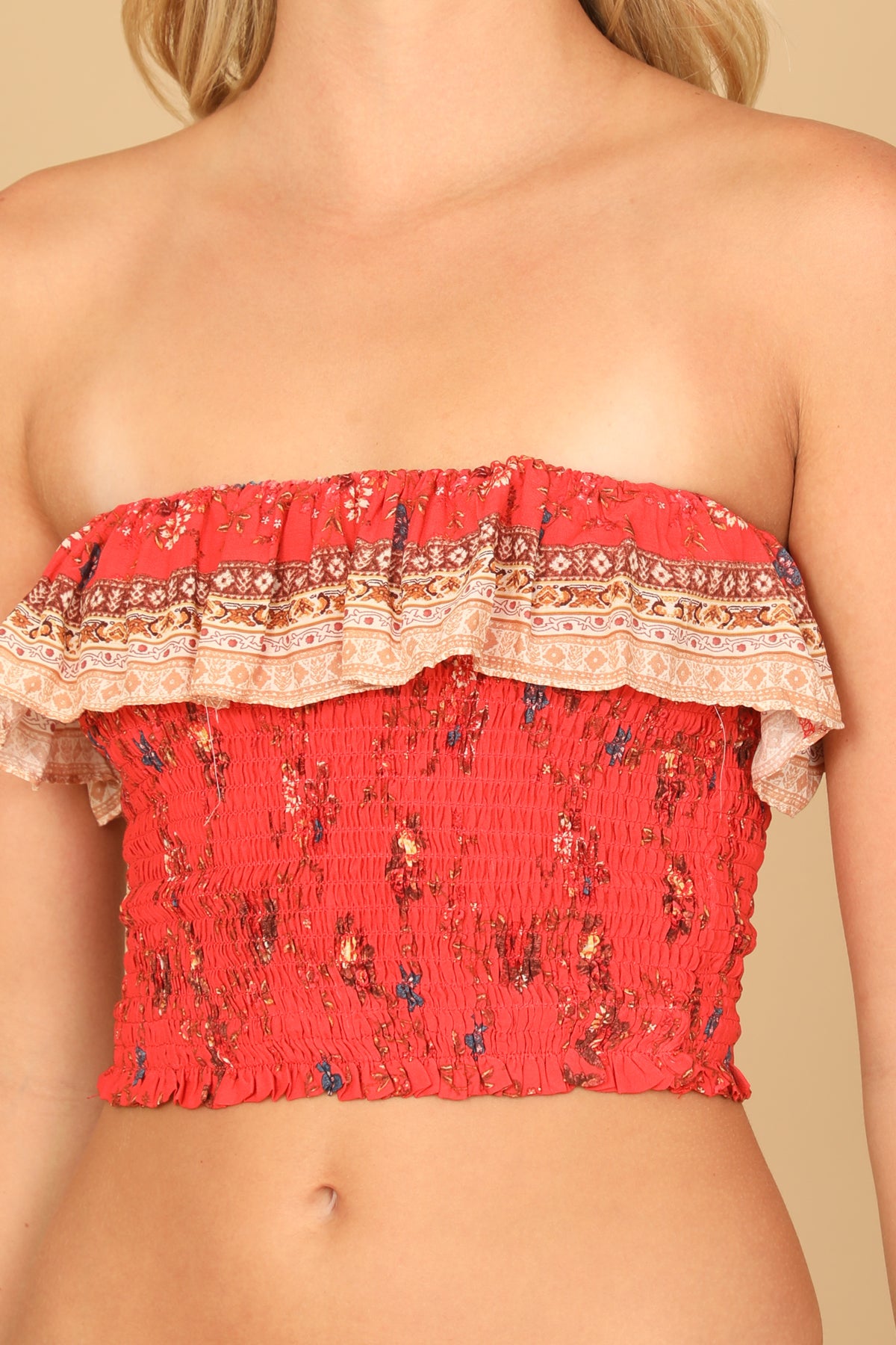 Floral Ruffle Tube Printed Smocked Crop Top