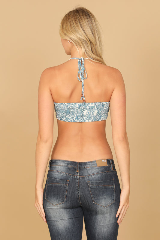 Halter Tie Back Ruched Printed Brallete Top