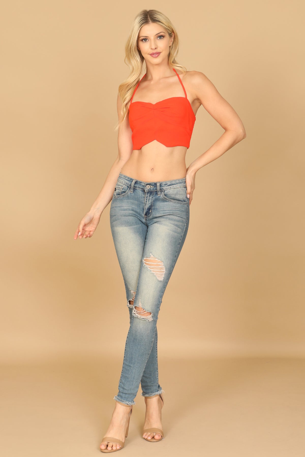 Spaghetti Strap Notch Detail Solid Crop Top