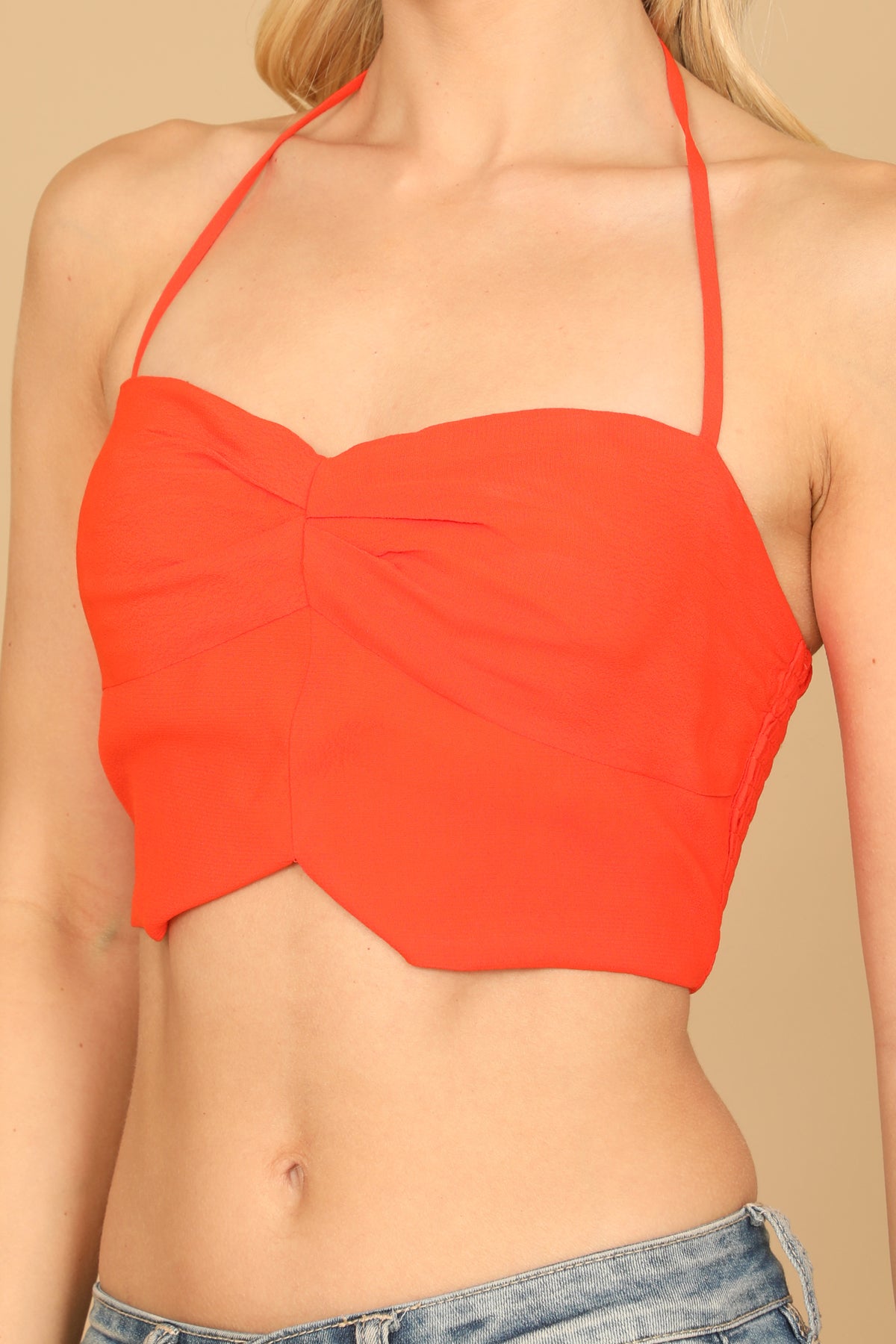 Spaghetti Strap Notch Detail Solid Crop Top