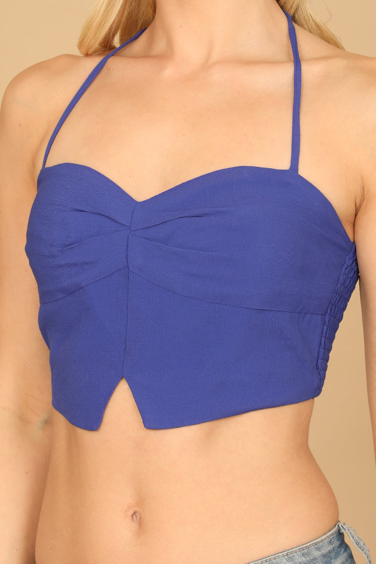 Spaghetti Strap Notch Detail Solid Crop Top