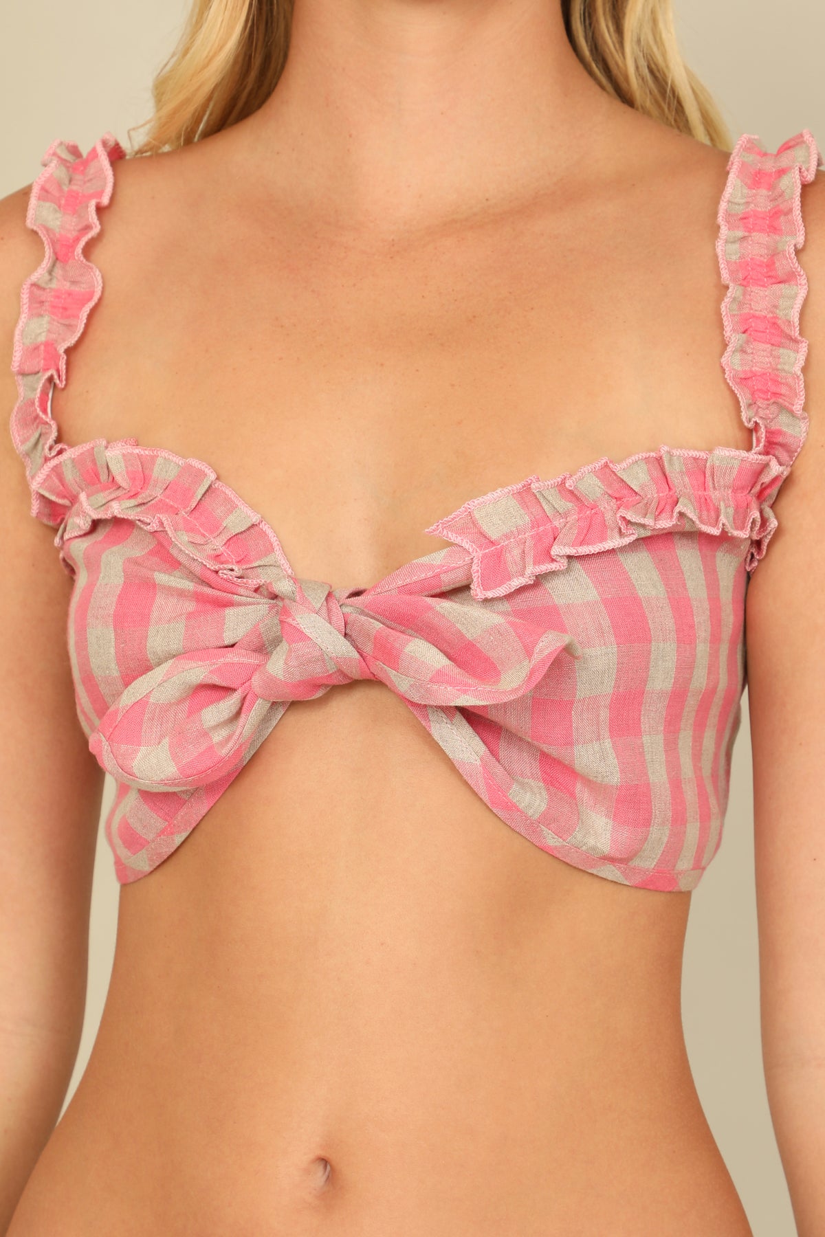 Ruffle Strap Twist Knot Bralette Plaid Top
