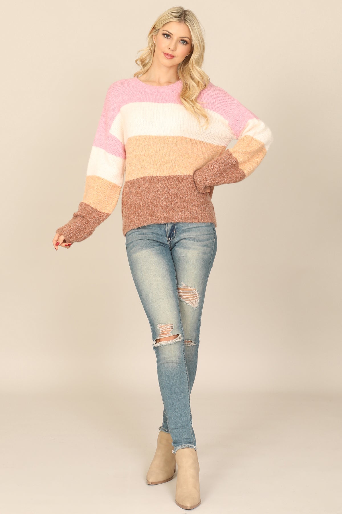 Color Block Fuzzy Knit Sweater