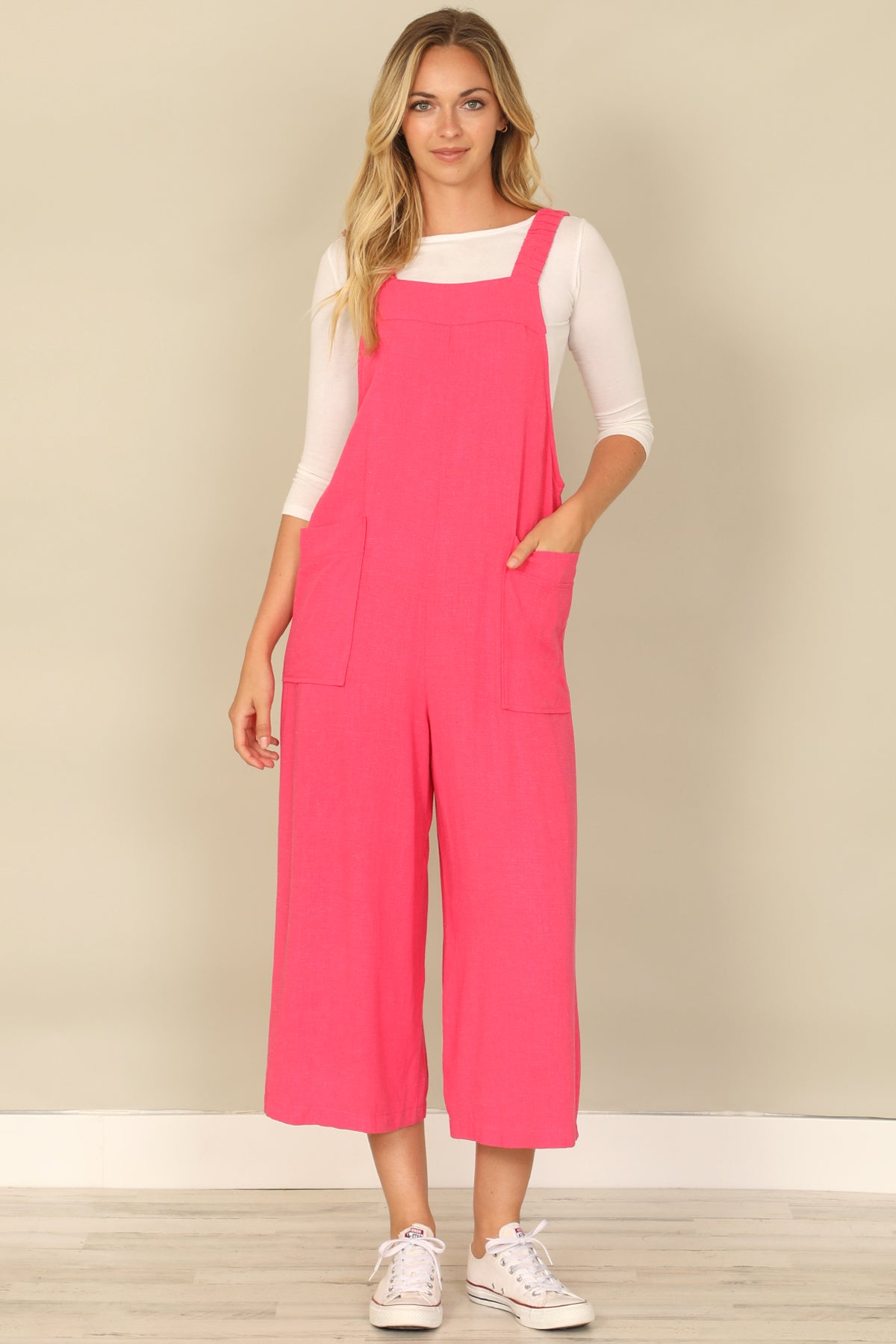 Wide Leg Pocket Linen Blend Overall Jumpsuit
