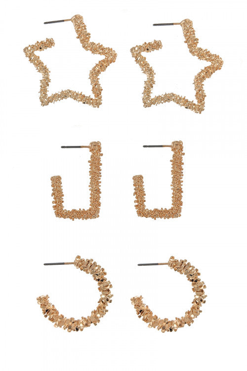 Gold 3 Pairs On A Card Popcorn Texture Fashion Earrings Set