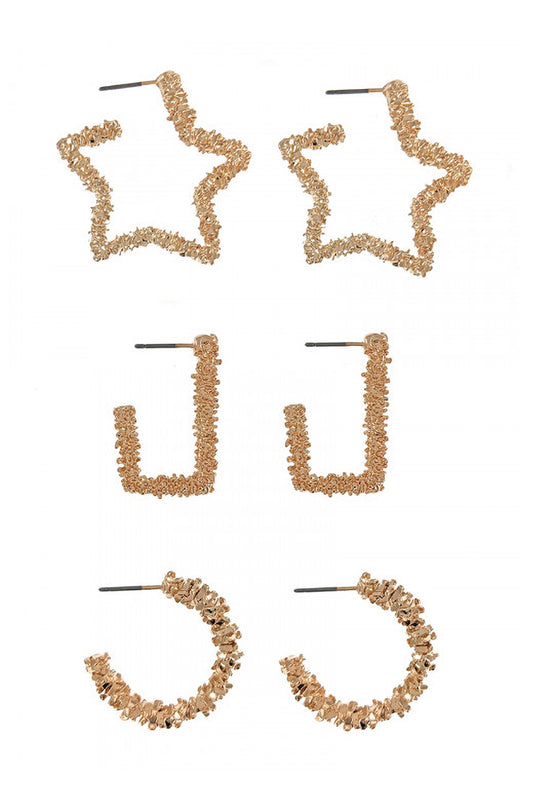 Gold 3 Pairs On A Card Popcorn Texture Fashion Earring Set