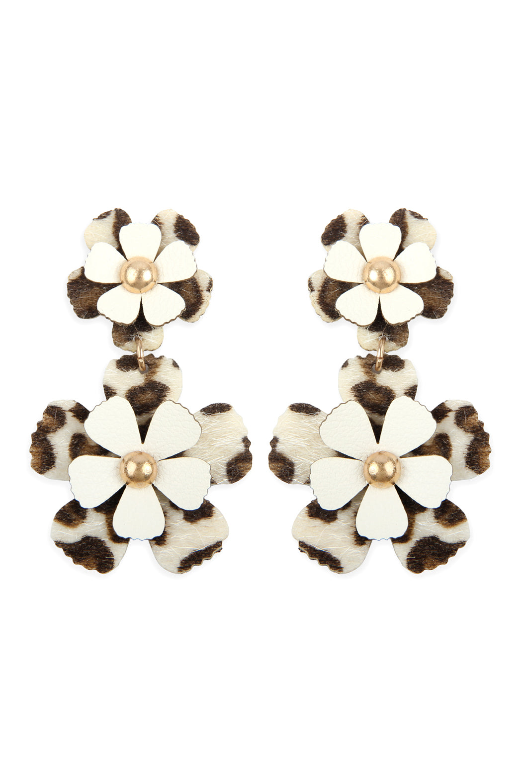 Flower Leather Post Drop Earrings White Leopard