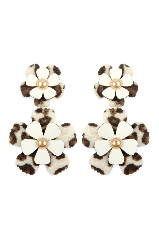 Flower Leather Post Drop Earrings White Leopard