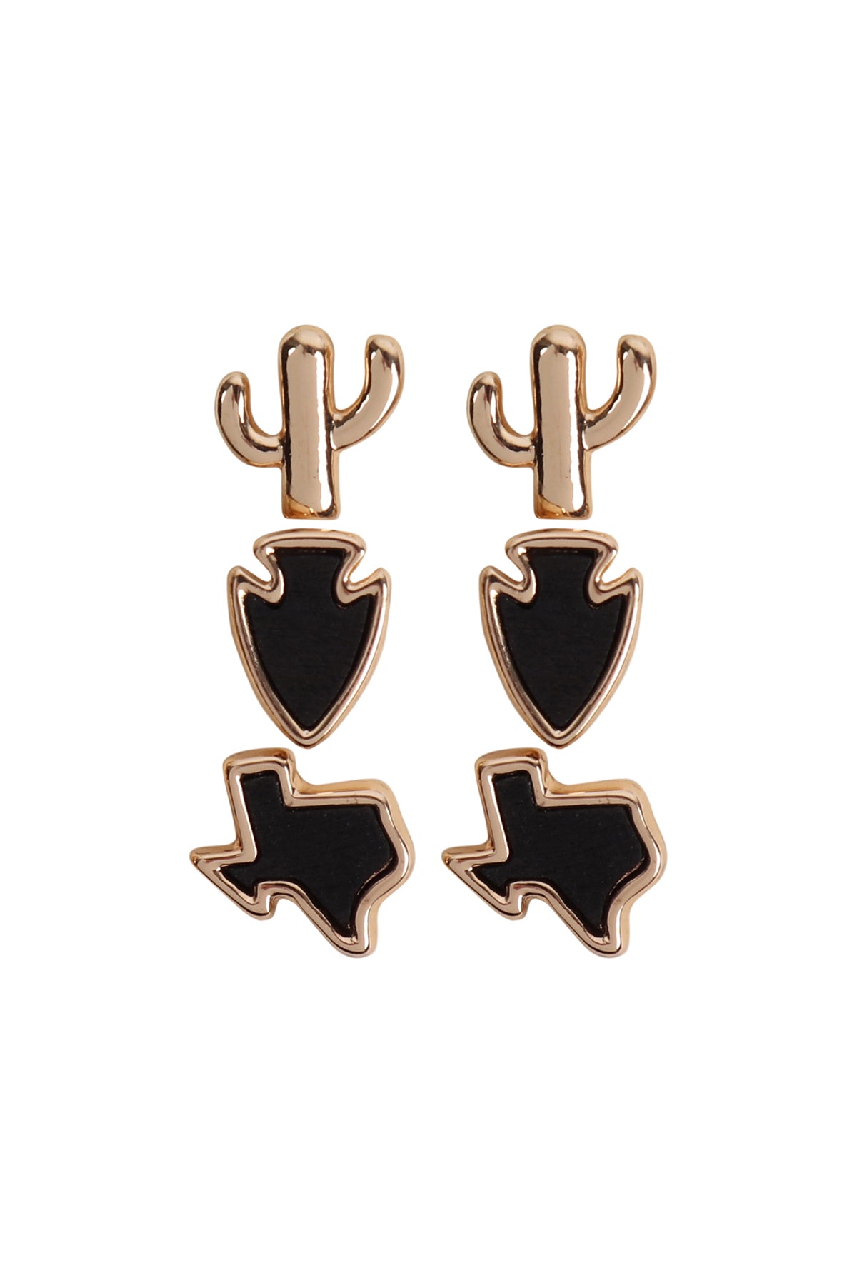 3 Set Texas Map Cactus Stud Post Earrings Black