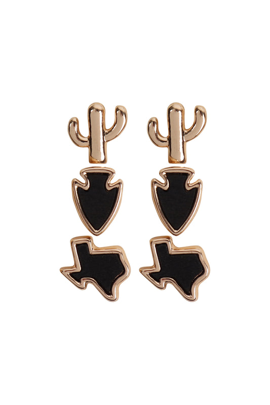 3 Set Texas Map Cactus Stud Post Earrings Black