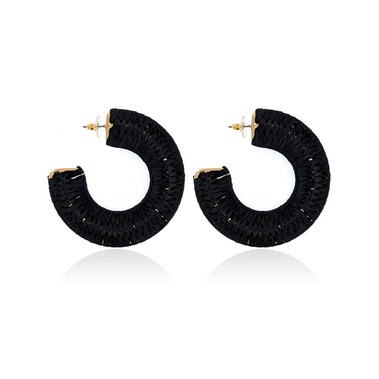 Black Hoop Braided Raffia Earrings