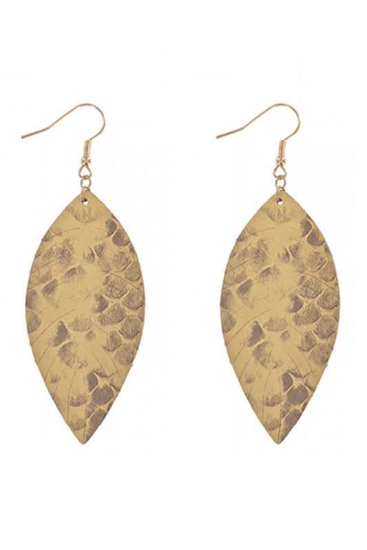 Mustard Veagan Leather Fashion Leaf Tear Drop Earrings