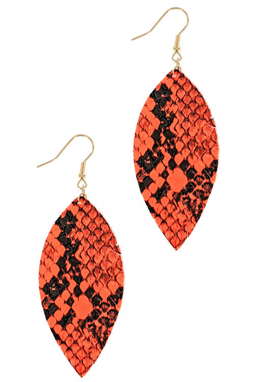 Orange Animal Print Leaf Drop Earrings