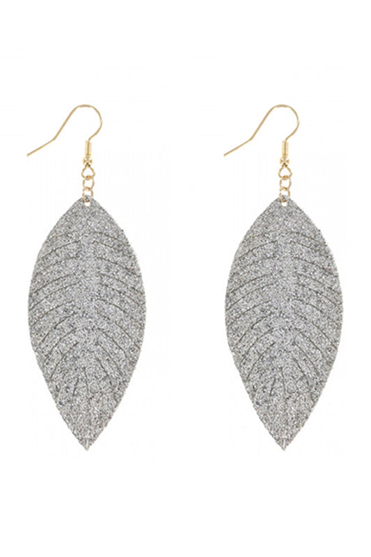 Silver Veagan Leather Fashion Leaf Tear Drop Earrings