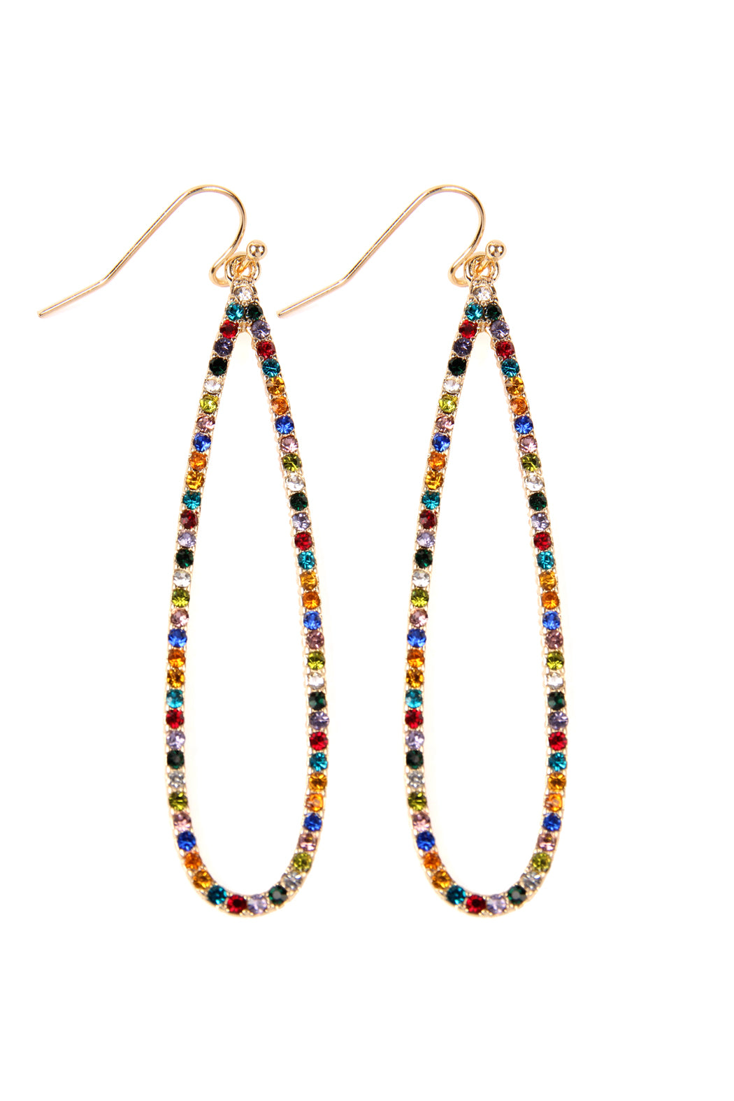 Pave Long Teardrop Fish Hook Earrings Gold Multicolor