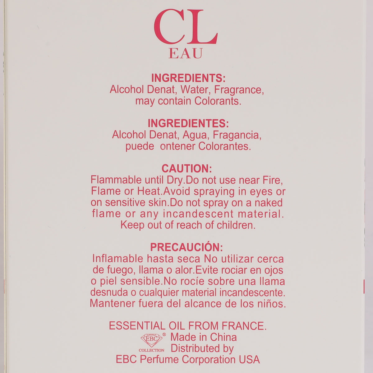 CL EAU Spray Perfume Eau De Parfum For Women - 100ML/3.4 FL.OZ.