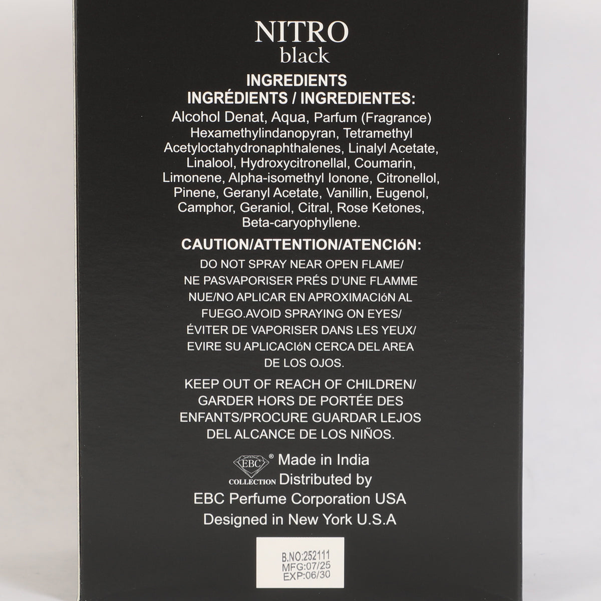 Nitro Black Spray Perfume Eau De Parfum For Men - 100ML/3.4FL.OZ.
