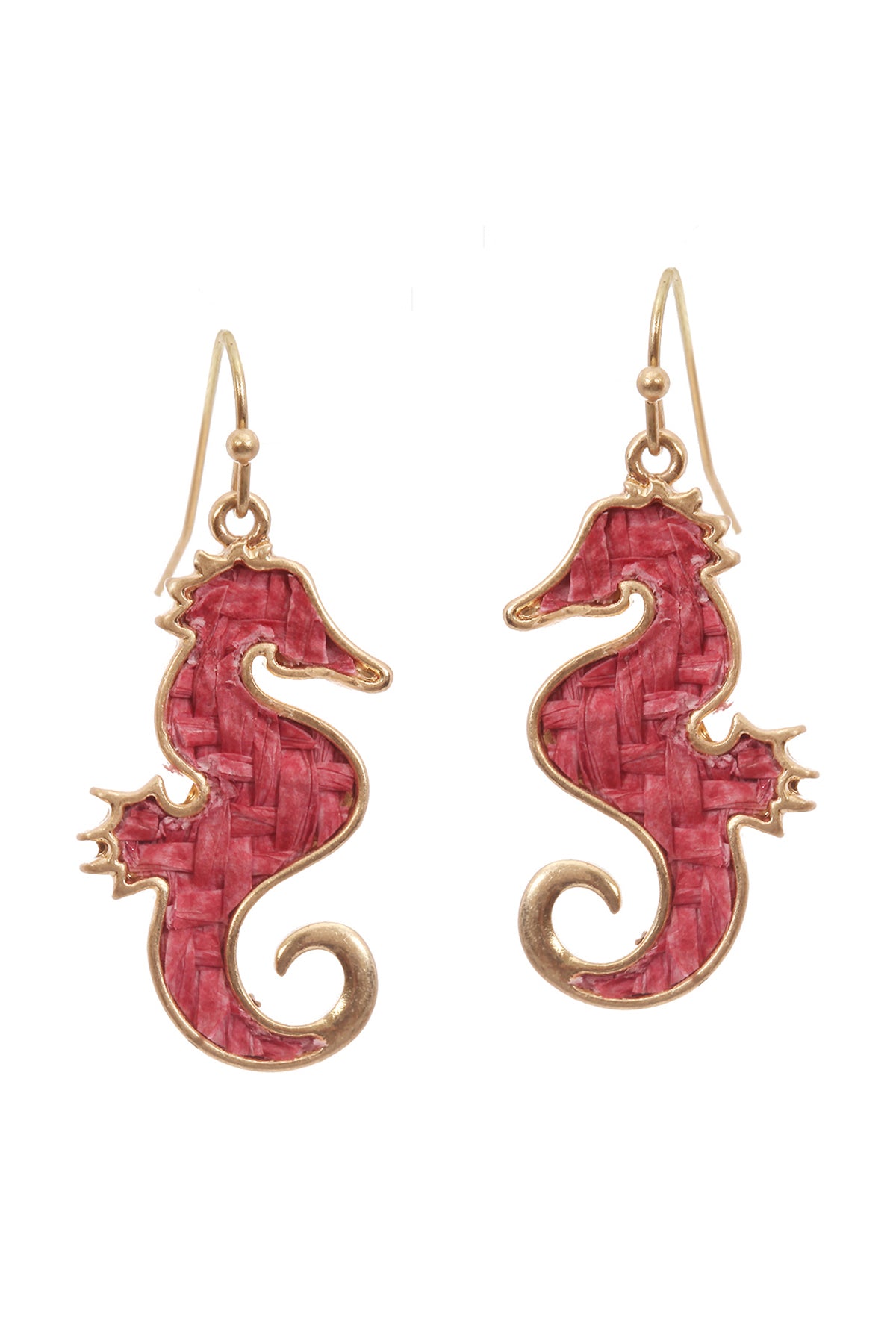 Straw Sealife Seahorse Fish Hook Earrings Fuchsia /1PC