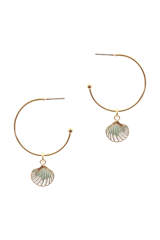 Metal Epoxy Seashell Hoop Round Earrings Light Blue