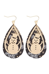 Christmas Snowman Metal Leather Layered Fish Hook Earrings