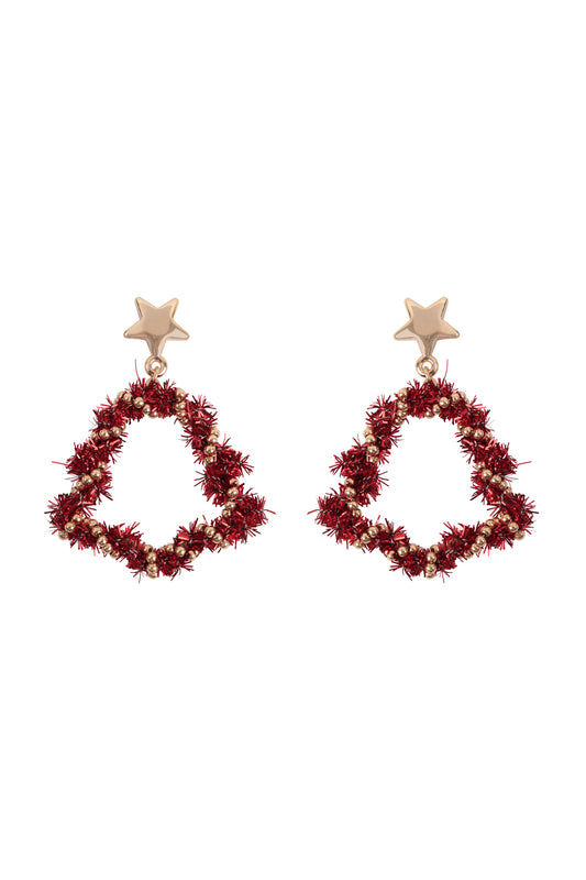 Christmas Wreath Star Tinsel Drop Earrings Green