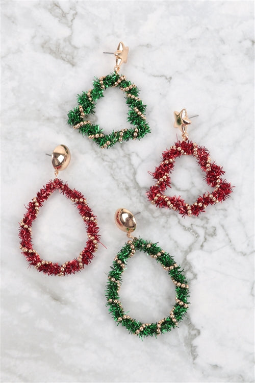 Christmas Wreath Tinsel Teardrop Shape Earrings