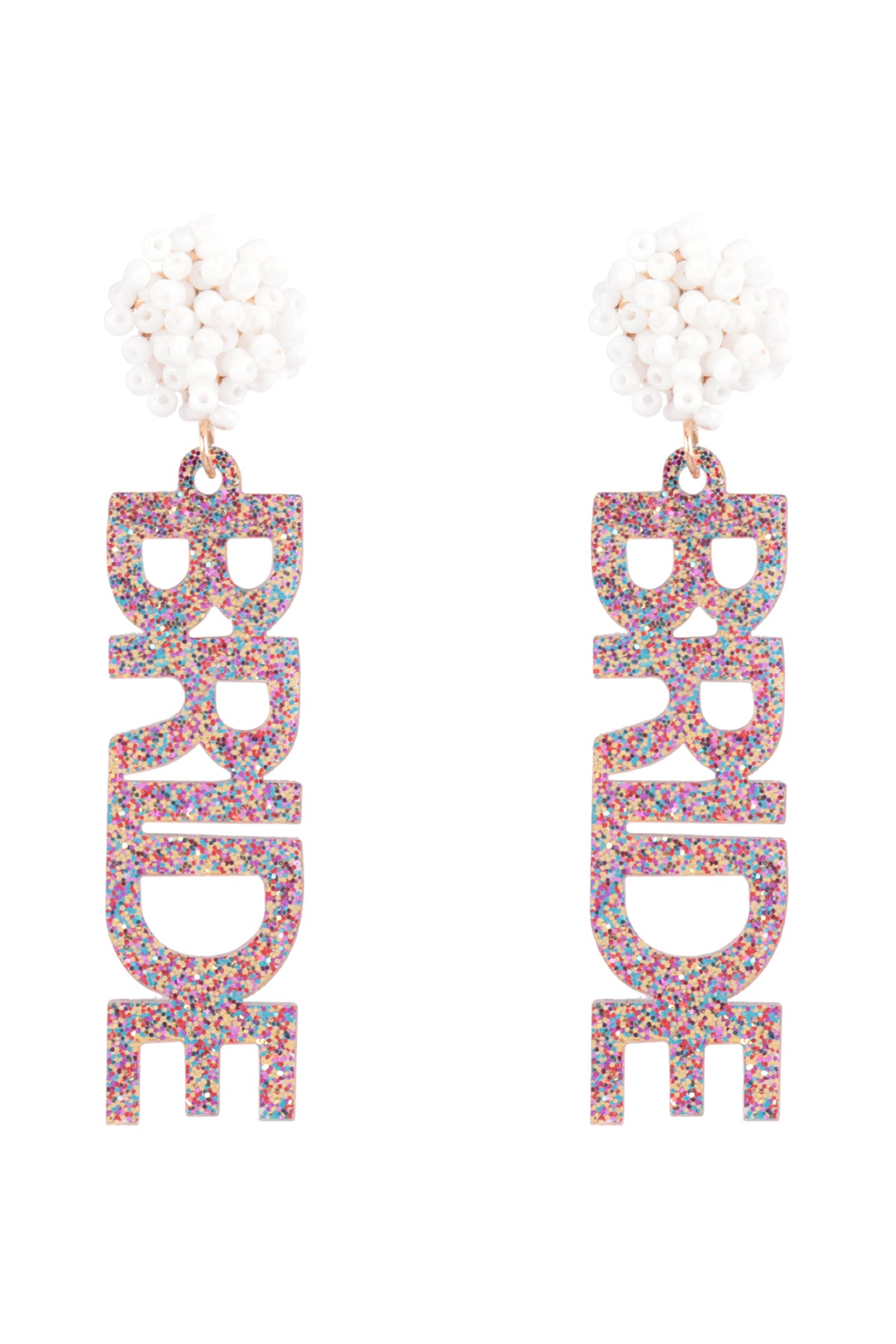 Bride Glitter W/Ball Bead Dangle Post Earrings Gold Dark Multicolor