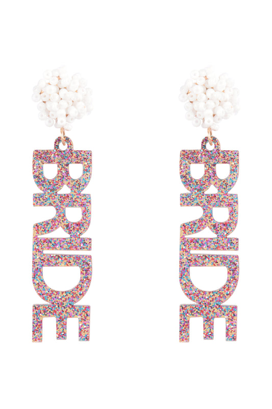 Bride Glitter W/Ball Bead Dangle Post Earrings Gold Dark Multicolor