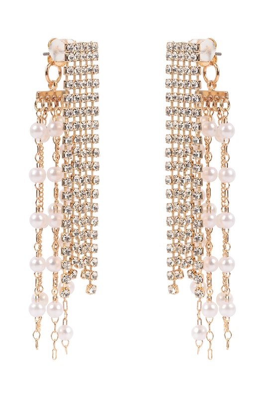 Pearl Rhinestone Fringe Front Back Drop Earrings Gold Crystal