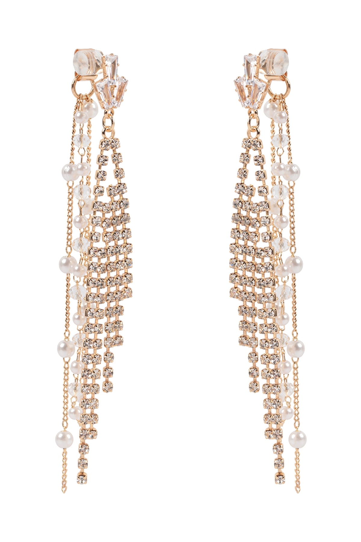 Pearl Rhinestone Fringe Front Back Chain Drop Earrings