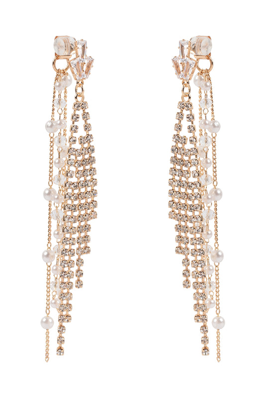 Pearl Rhinestone Fringe Front Back Chain Drop Earrings