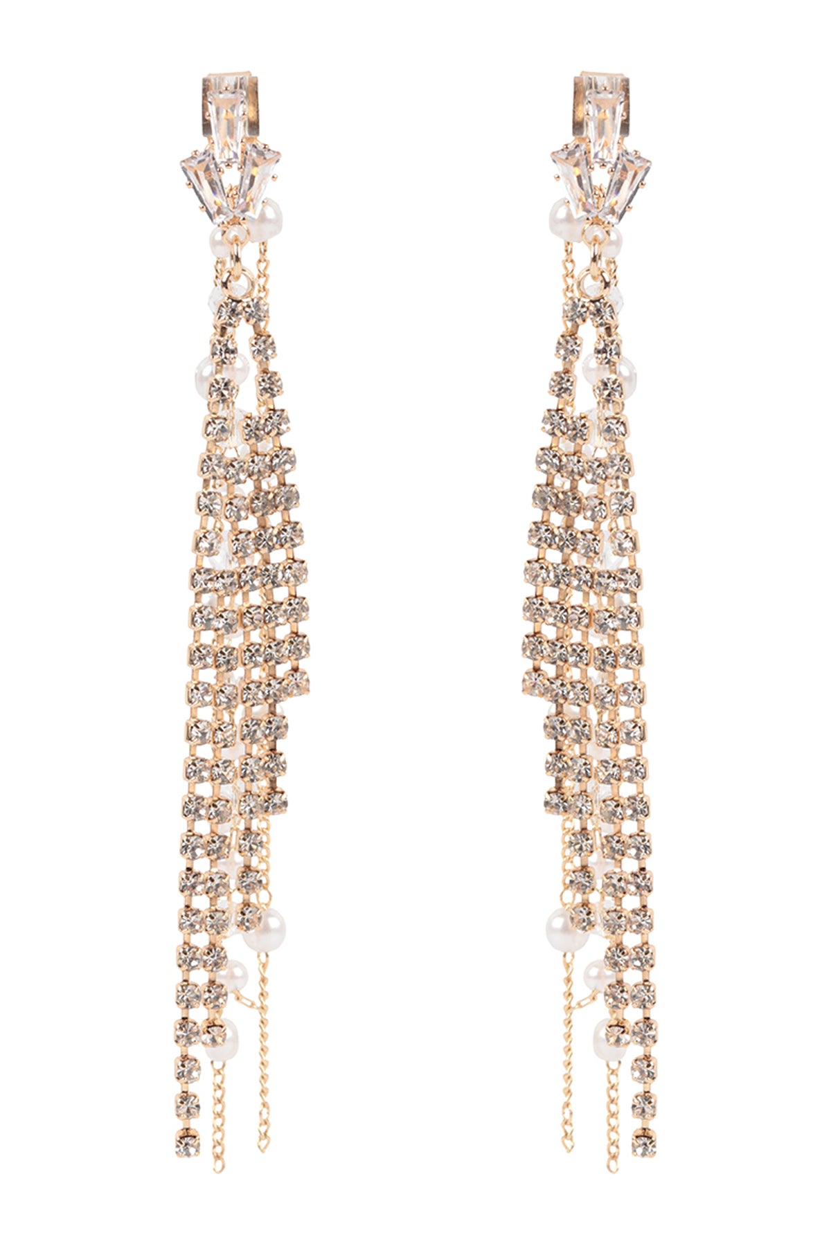 Pearl Rhinestone Fringe Front Back Chain Drop Earrings Gold Crystal