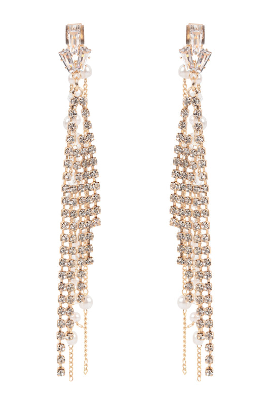 Pearl Rhinestone Fringe Front Back Chain Drop Earrings Gold Crystal