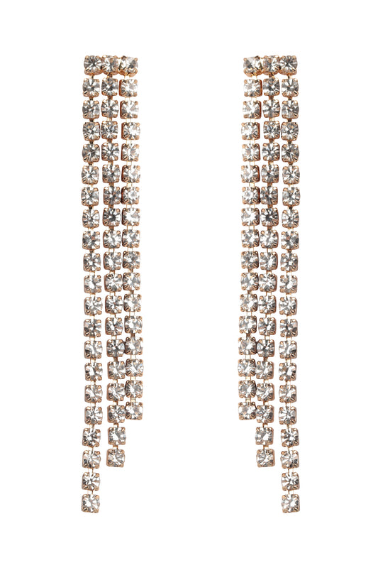 Rhinestone Line Fringe Drop Earrings Gold Crystal