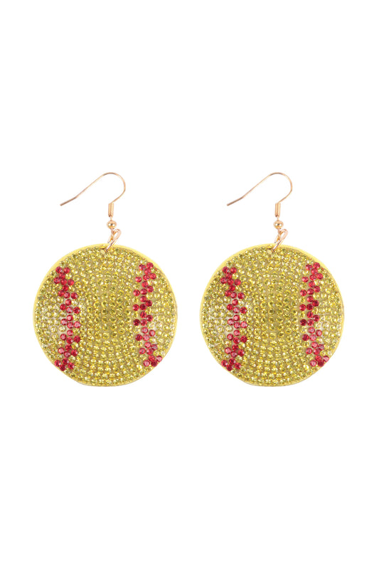 Softball Rhinestone Fish Hook Earrings Yellow