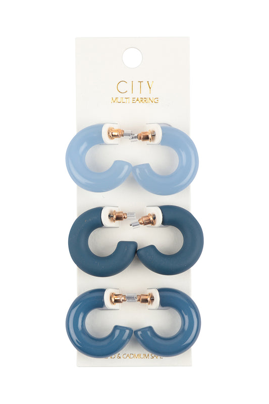 Resin Mixed Materials Tubular Hoop Earring Set Navy