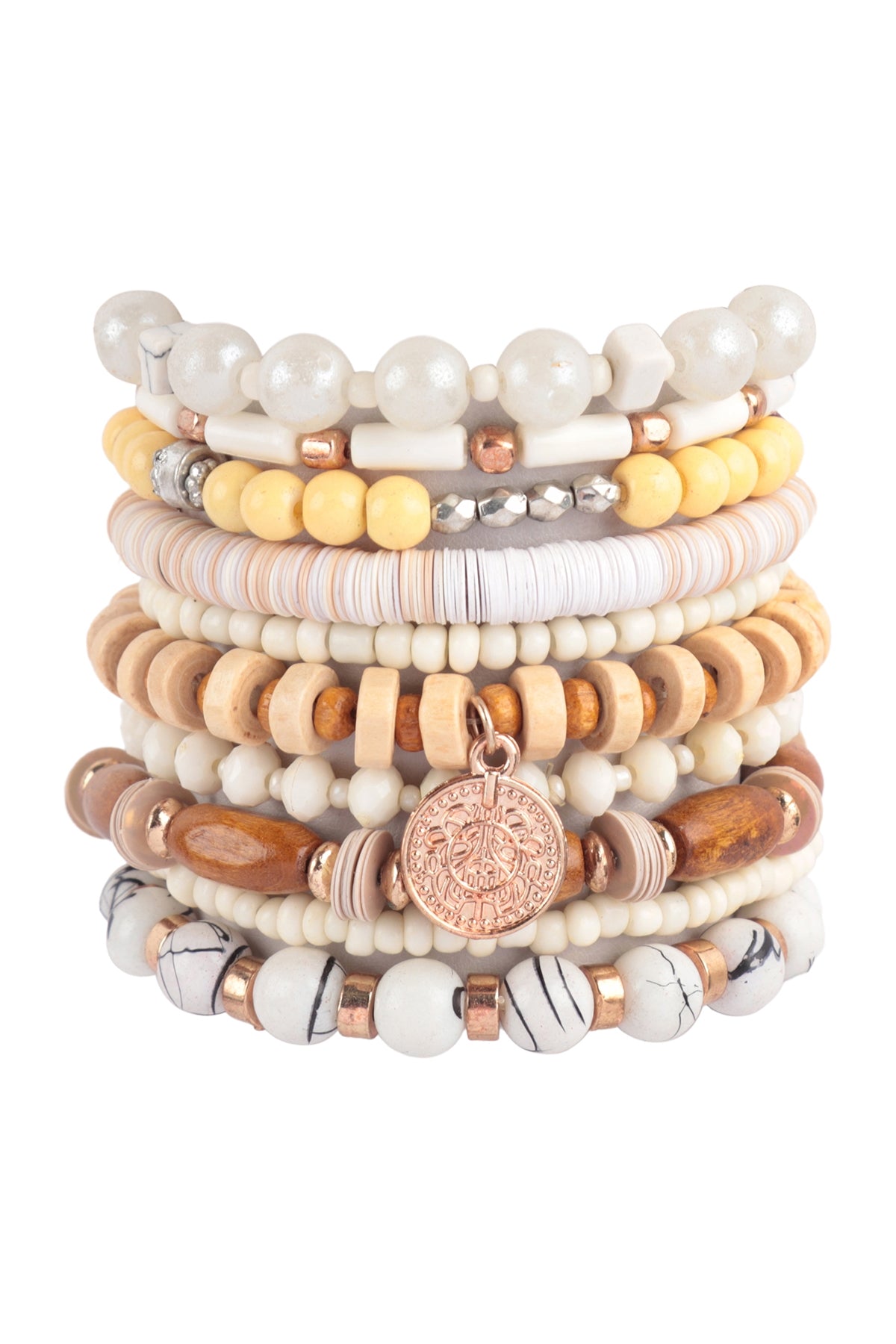Multi Beads Stone, Fimo, Disk Pendant Layered Versatile Charm Bracelet