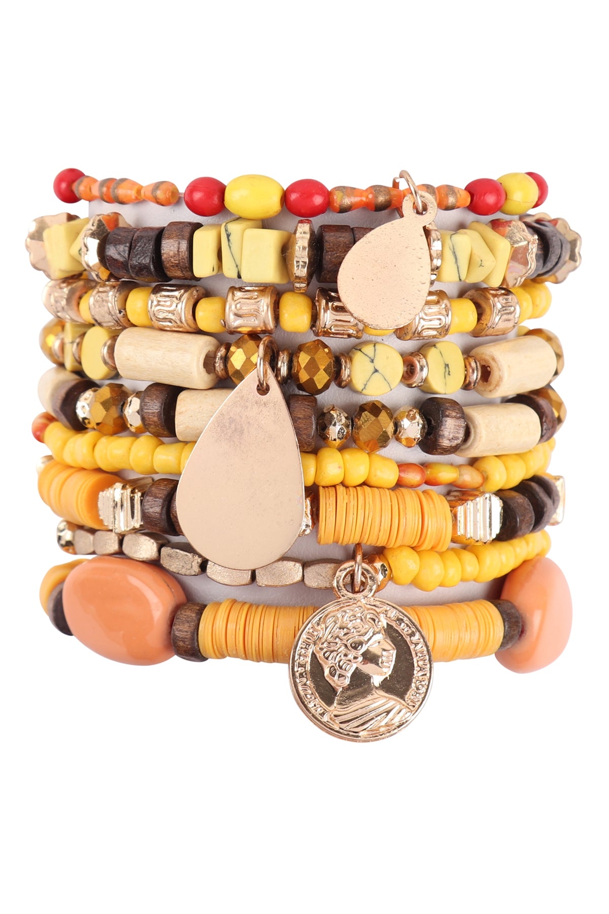 Multilayered Charm Set w/ Coin & Teardrop Bracelet