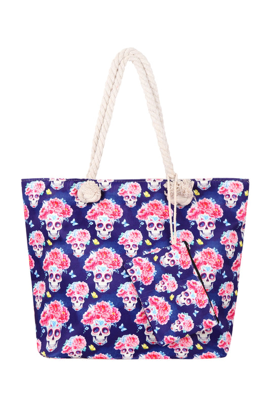 Sugar Skull Digital Printed Tote Bag With Matching Wallet