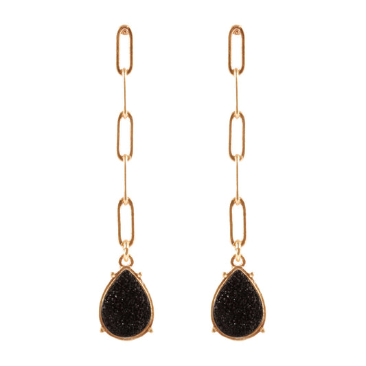Druzy Metal Link Post Teardrop Earrings Jet Black