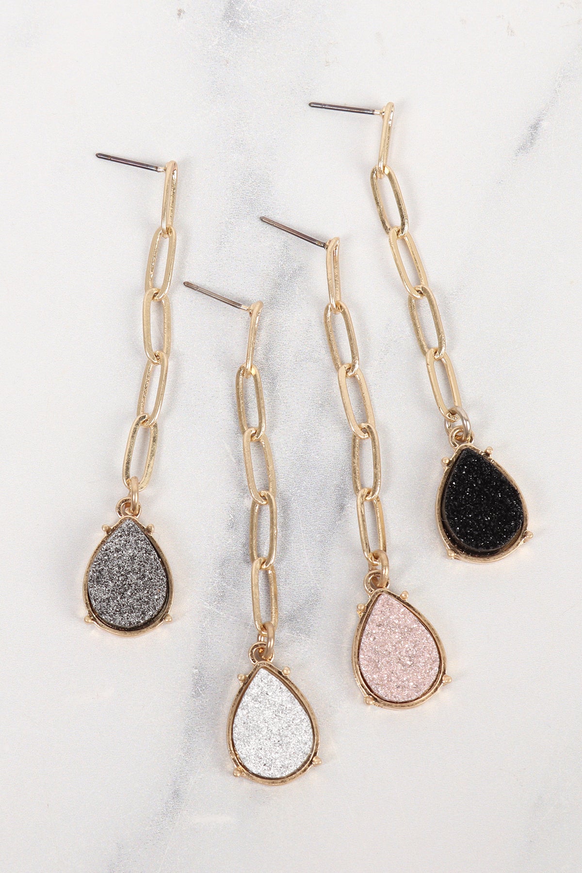 Druzy Metal Link Post Teardrop Earrings Jet Black
