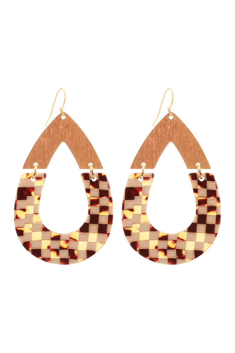 Acetate Metal Plaid Hook Open Teardrop Earrings Brown