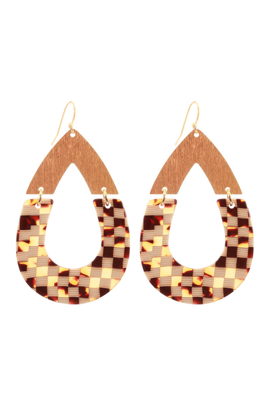 Acetate Metal Plaid Hook Open Teardrop Earrings Brown