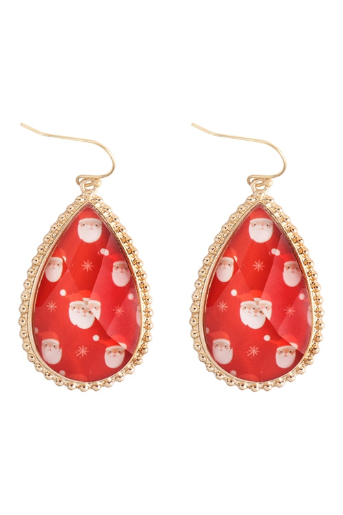 Christmas Santa Epoxy Teardrop Fish Hook Earrings Gold Red
