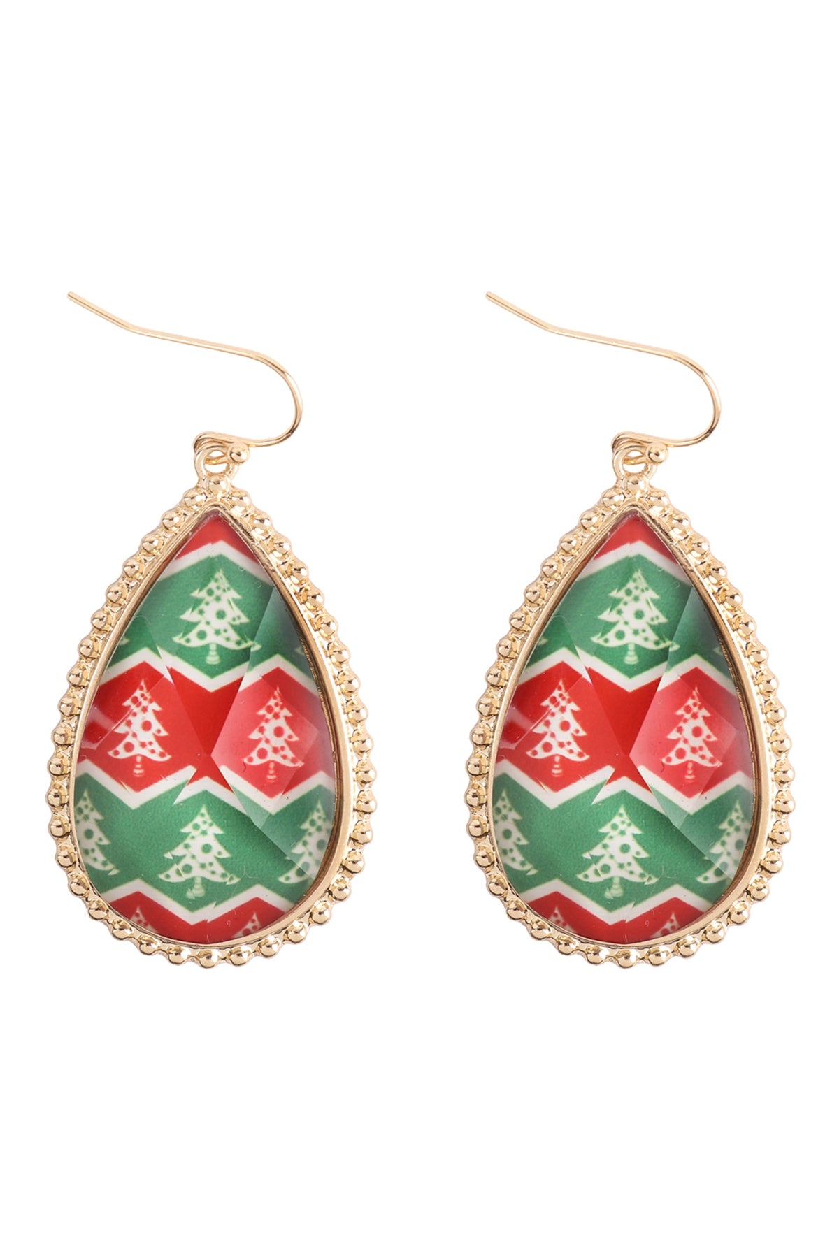 Christmas Tree Epoxy Teardrop Fish Hook Earrings Gold Multicolor