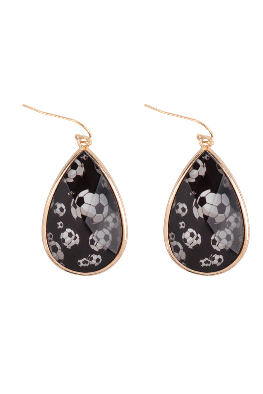 Sports Soccer Teardrop Epoxy Fish Hook Earrings Gold Black