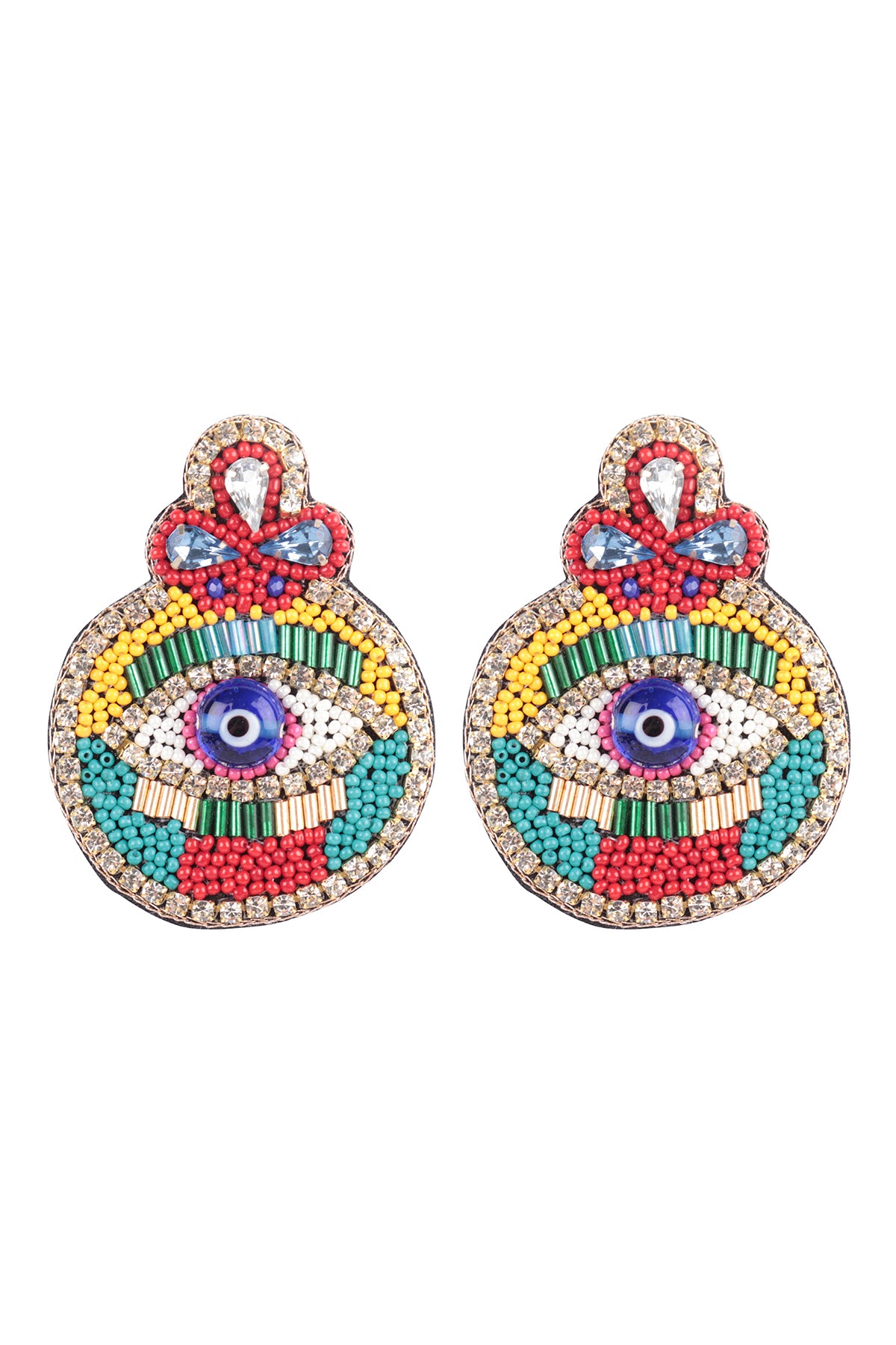 Evil Eye Charm Seed Bead Post Dangle Earrings Gold