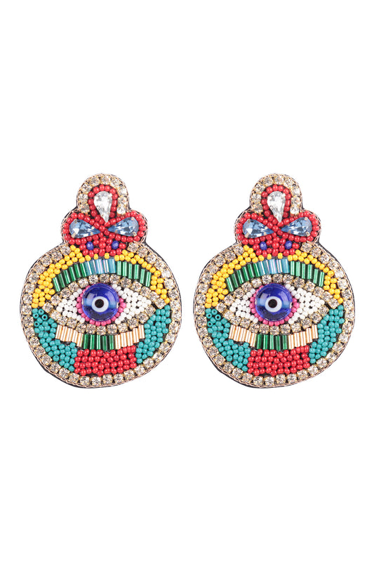 Evil Eye Charm Seed Bead Post Dangle Earrings Gold